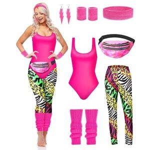 7 Pcs 80s Workout Costume 80s 90s Leotard Legging Headband Wristbands Leg😸